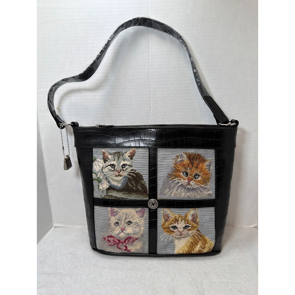 NWOT Elka Accessories Shoulder Bag Medium Black Cat Needlepoint Croc Embossed